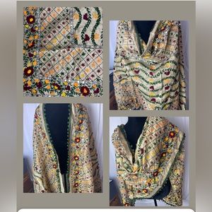 Shawl Green Pom Pom Long Raw Silk Handmade Phulkari dupatta mirror and thread